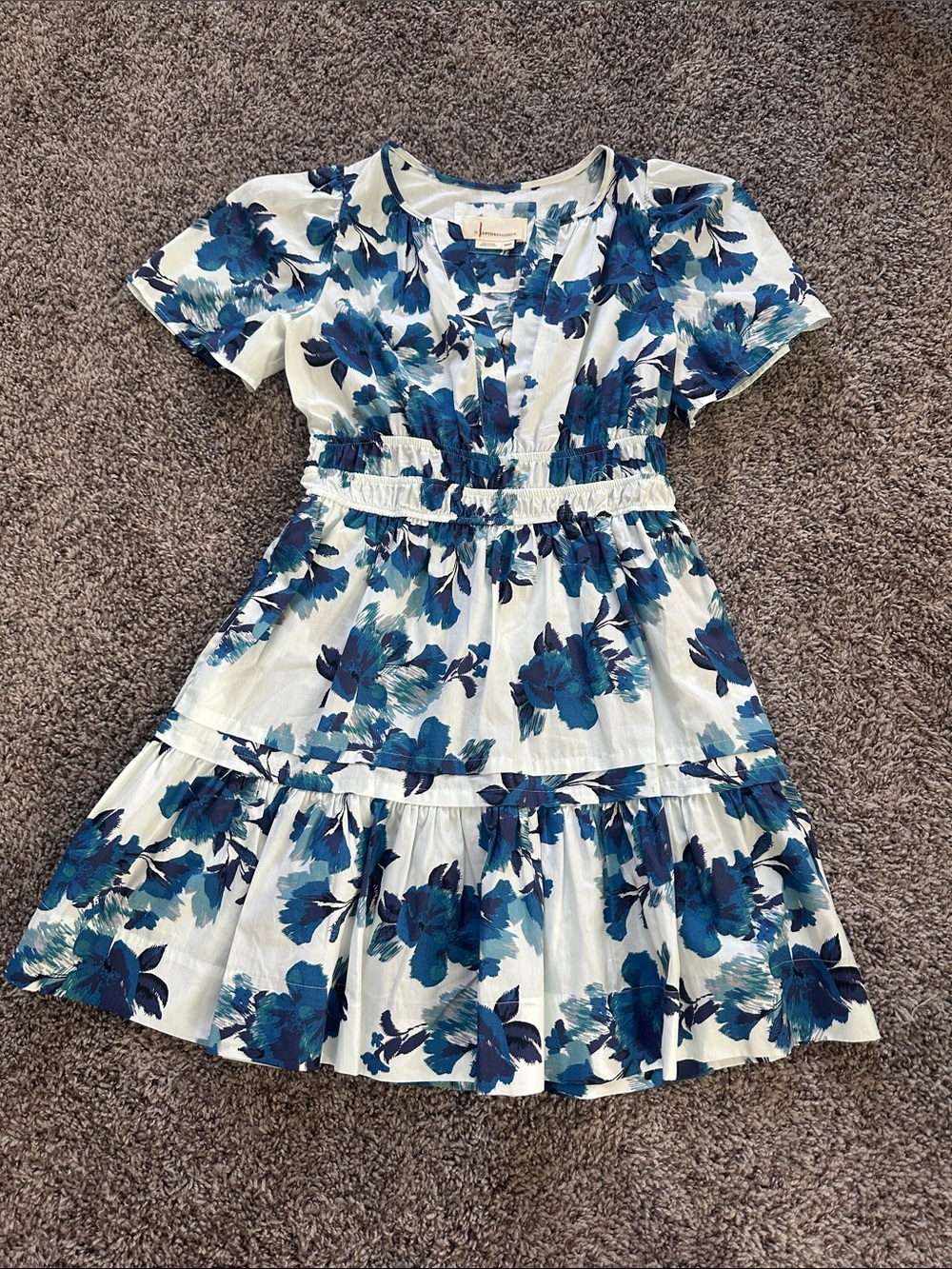 Anthropologie Somerset White Dress with Blue Floral Print